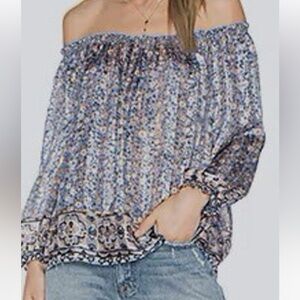 JOIE Metallic Bamboo Floral Off The Shoulder Silk Blouse Women's Size M